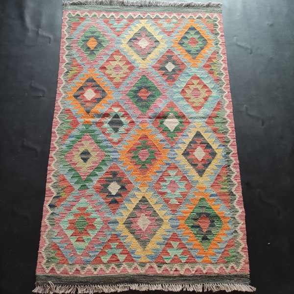 Kilim Rug Multicolour, Handmade Artisan Afghan Turkish Aztec Geometric Wool Kilim Rug 166x102 CM