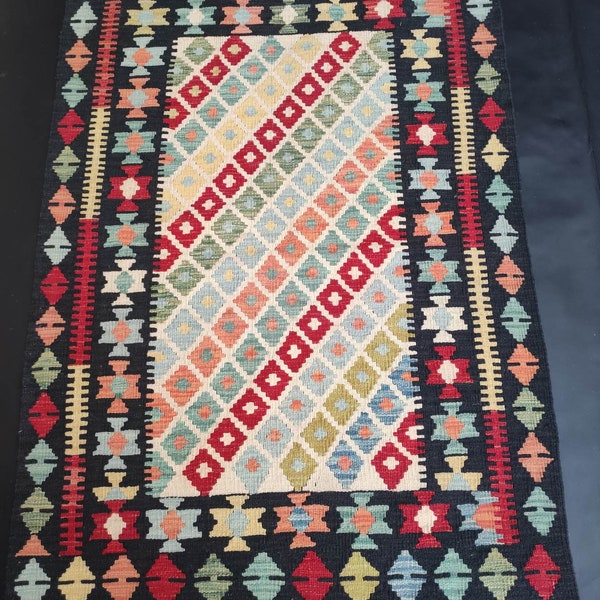 Vintage Kilim Rug, Handwoven Artisan Afghan Turkish Aztec Reversible Wool Kilim Rug 150x102 CM