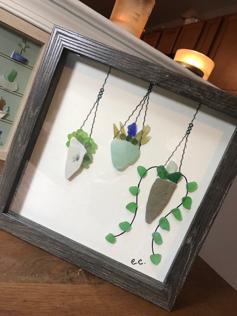 Custom Order Sea Glass Framed Art 8x8 3 Hanging Plants Etsy