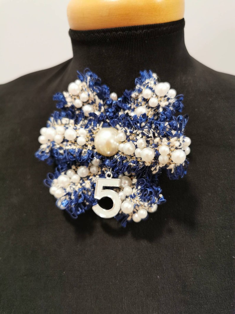 number 5 charm brooch,tweed ribbon brooch number 5 Brooch mother gift designer inspired white pearls brooch Brooch navy blue birthday
