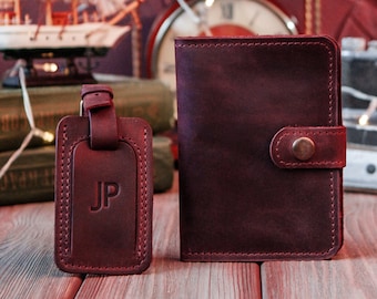 Engraved leather passport cover, Custom passport wallet, Monogrammed passport holder, Leather passport case, Passport and luggage tag set