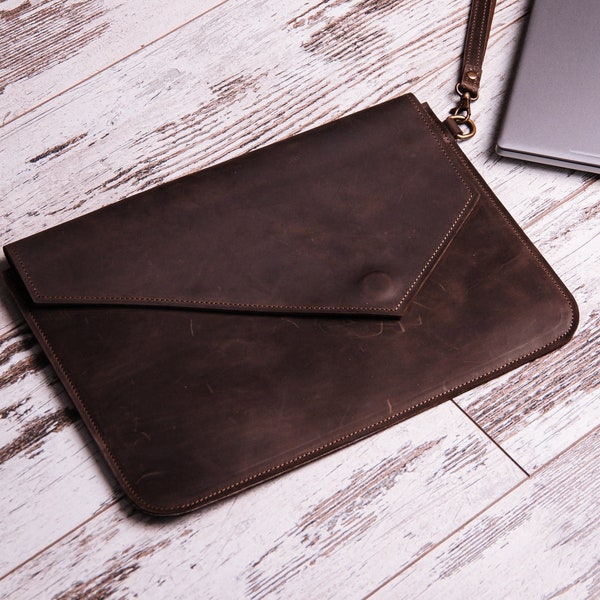 Leather MacBook case with strap, MacBook Air 15 inch sleeve, Engraved laptop case, Leather MacBook Pro 13 case, 16 inch MacBook Pro sleeve