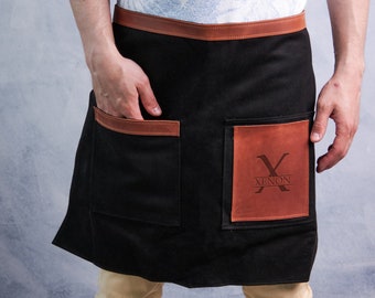 Canvas leather half apron, Customized waist apron, Personalized half apron, Waiter apron, Half apron with pockets, Half apron with logo