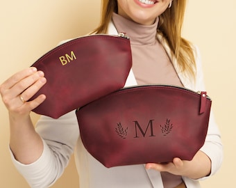 Borsa per il trucco in pelle personalizzata, custodia per cosmetici in pelle, borsa per il trucco personalizzata per donne, borsa per il trucco iniziale, borsa per cosmetici personalizzata