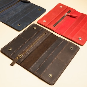 Cartera larga de piel grabada, Cartera larga hecha a mano, Cartera larga para mujer, Cartera de piel minimalista mujer, Cartera de piel con iniciales
