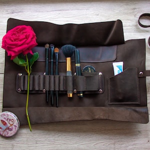 Lederpinselrolle, Lederpinselhalter, Lederpinseletui, tragbare Make-up-Rolle, Make-up-Pinselrolle
