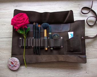 Leather brush roll,Leather brush holder,Leather brush case,Portable makeup roll,Makeup brush roll