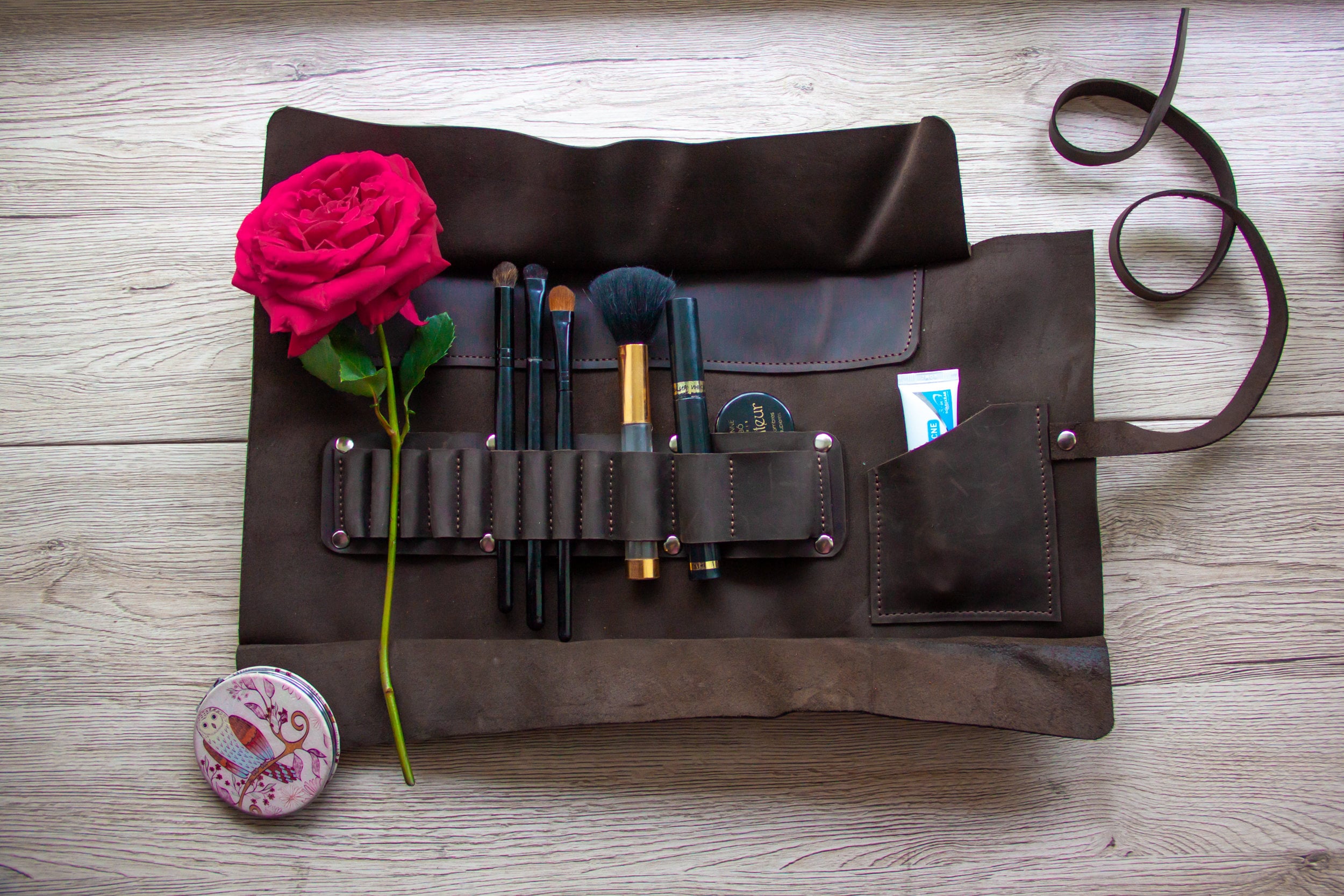 Leather brush roll,Leather brush holder,Leather brush case,Portable makeup roll,Makeup brush roll