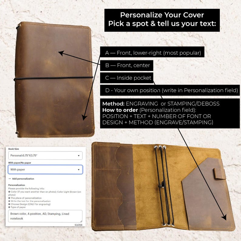 Handgefertigtes Notizbuch aus Leder, Monogrammiertes Notizbuch, nachfüllbares Notizbuch aus Leder, individuell graviertes Journal, nachfüllbare Planerhülle Bild 9