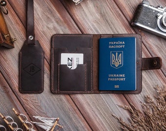 Custom leather passport holder,Personalized passport cover and luggage tag set,Travel gift for men women,Passport holder