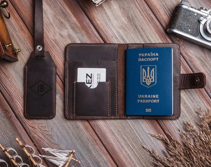 Benutzerdefinierte Lederpasshülle, personalisierte Passhülle und Gepäckanhänger, Reisegeschenk für Männer, Frauen, Passhalter