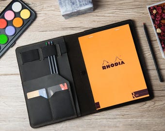 Custom leather Rhodia cover, Rhodia notebook cover, Rhodia a5 cover, Leather refillable notebook, Notebook cover with pocket, Rhodia case