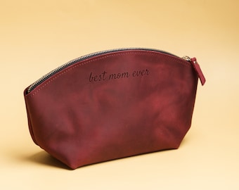 Custom leather makeup pouch, Monogrammed cosmetic pouch, Leather cosmetic case, Zipper makeup pouch, Makeup bag with name, Makeup organizer