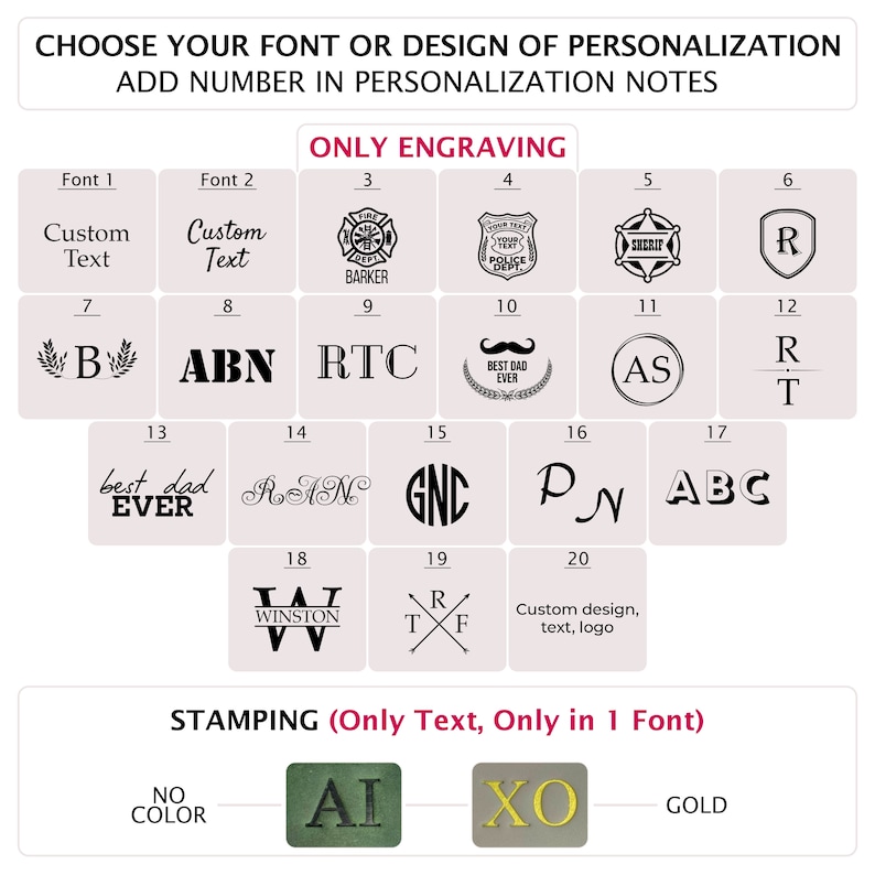 K&ouml;nnte beinhalten: Eine Tabelle mit verschiedenen Schriftart- und Designoptionen f&uuml;r die Personalisierung. Die Tabelle ist in zwei Abschnitte unterteilt: "Nur Gravur" und "Pr&auml;gung (nur Text, nur in einer Schriftart)". Die Gravuroptionen umfassen eine Vielzahl von Schriftarten, Designs und Logos. Die Pr&auml;gungsoptionen umfassen drei verschiedene Schriftarten: "AI", "XO" und "GOLD".
