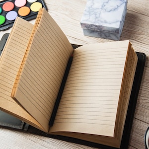Puede incluir: Un cuaderno abierto con l&iacute;neas, con una cubierta de cuero negro, un juego de pintura de acuarela, una peque&ntilde;a caja de m&aacute;rmol blanco, una barra de chocolate con nueces y frutos secos, y una taza de t&eacute; sobre una mesa de madera.