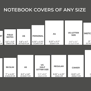 K&ouml;nnte beinhalten: Eine Tabelle mit den verschiedenen Gr&ouml;&szlig;en von Notizbuchumschl&auml;gen, mit Ma&szlig;en in Zoll und Zentimetern. Die Gr&ouml;&szlig;en umfassen Passport, Field Notes, A6, Personal, A4, US Letter Size, Sketchbook, B6, B6 Slim, A5, US Half Letter Size, Regular, Cahier und B5.