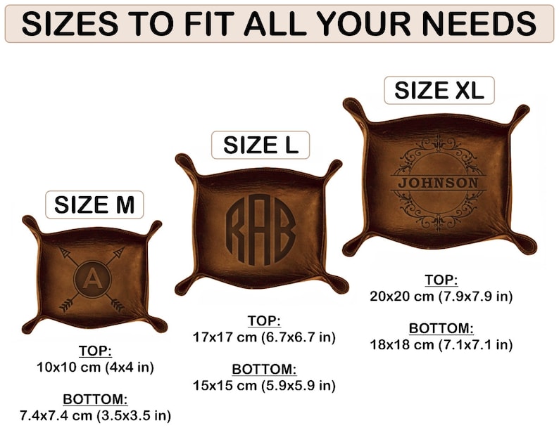 Puede incluir: Tres bandejas de cuero de diferentes tama&ntilde;os, etiquetadas como "Talla XL", "Talla L" y "Talla M". Las bandejas son de color marr&oacute;n y tienen un aspecto desgastado. La bandeja XL tiene la palabra "JOHNSON" grabada en el centro. La bandeja L tiene las letras "RAB" grabadas en el centro. La bandeja M tiene la letra "A" grabada en el centro. Las bandejas se muestran con sus dimensiones en pulgadas y cent&iacute;metros.