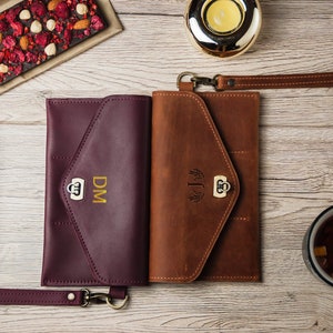 Cartera tipo sobre de cuero, Cartera tipo sobre de cuero, Cartera grabada para mujer, Cartera con pulsera de cuero para mujer, Cartera larga personalizada