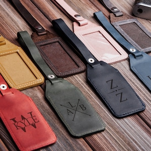 Leren bagagelabels gepersonaliseerd, bagagelabels met naam, gegraveerde bagagelabels, initialen bagagelabels, set bagagelabels