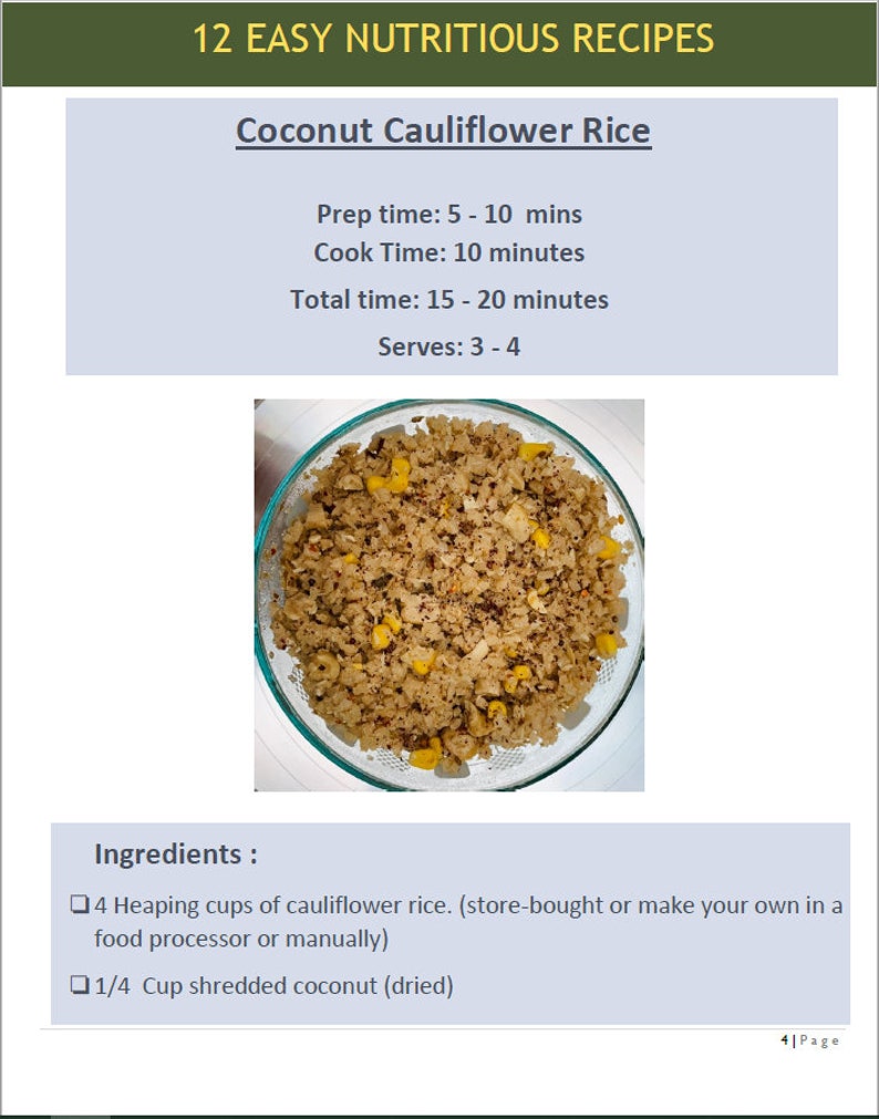 May include: A close-up of a bowl of coconut cauliflower rice. The rice is a light brown color and is mixed with corn kernels. The recipe is for 4 servings and takes 15-20 minutes to prepare.