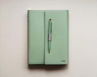 Personalised A5 PU Leather Binder: Hand Stamped Monogram Refillable Journal with Matching Pen