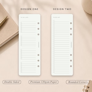 Peut inclure: Deux inserts de planificateur blancs avec des coins arrondis et six trous perfor&eacute;s sur le c&ocirc;t&eacute;. Le design un pr&eacute;sente trois sections de listes de t&acirc;ches, tandis que le design deux montre une longue liste. Le texte TO DO LISTS ou TO DO LIST est inclus.