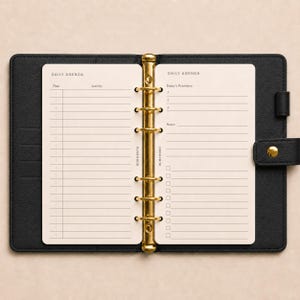 May include: A black six-ring binder with a gold-tone metal mechanism holding cream-coloured daily agenda pages. The left page features a time and activity schedule, while the right page lists today's priorities, notes, and a checklist of boxes.
