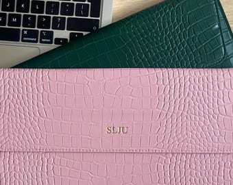 Croc Laptop Case - Personalised PU Leather Sleeve: 13.8"-15.4"Embossed Computer Case, Corporate Gift | Laptop Stand