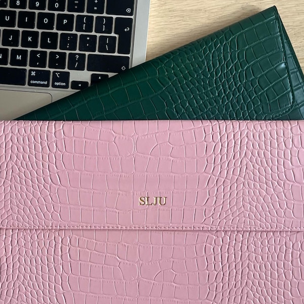 Croc Laptop Case - Personalised PU Leather Sleeve: 13.8"-15.4"Embossed Computer Case, Corporate Gift | Laptop Stand
