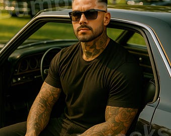 Tattooed Chicano Man and Car, PNG, Jpeg