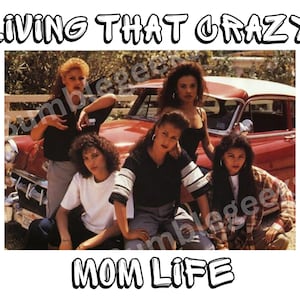 May include: Five women stand in front of a red car. They are wearing casual clothing and have a serious expression on their faces. The text "LIVING THAT CRAZY MOM LIFE" is written in white letters on a black background above the image.