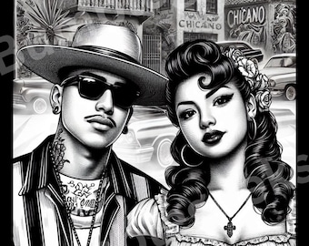 Chicano Couple, PNG, JPEG, Black and White