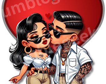 Chicano Couple Wall Art, Lowrider Tattoo Style, Black Grey Romance (Digital Download)