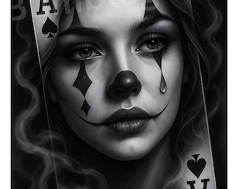 Ace of Spades Clown Girl, PNG, Jpeg, Black & White