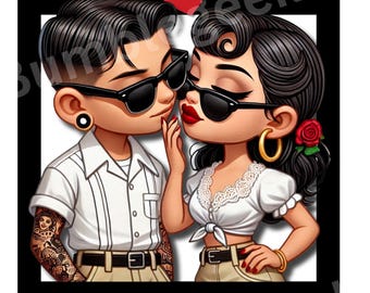 Chicano Love Art,Latino Kissing Couple Illustration, Lowrider Culture Romance, , Digital Download PNG