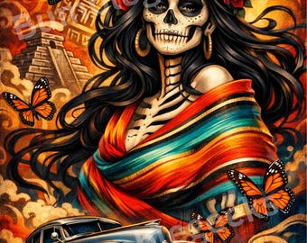 Sarape Skeleton Woman, Old School, PNG, Jpeg
