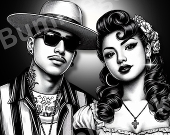 Chicano Couple Illustration, Old School Lowrider Culture Art (Digital Download)