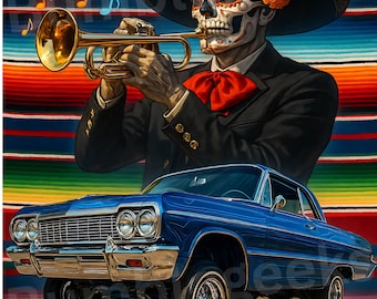 Mariachi Lowrider Art, Día de los Muertos Illustration, Chicano Culture Poster (Digital Download)