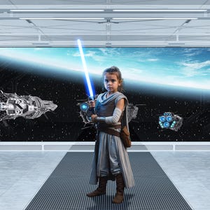 Könnte beinhalten: Ein junges Kind in einem hellgrauen und braunen Kostüm, das ein blau leuchtendes Lichtschwert hält. Die Szene spielt in einem futuristischen Innenraum mit einem großen Fenster mit Blick auf den Weltraum, mit einem Roboter und Raumschiffen.