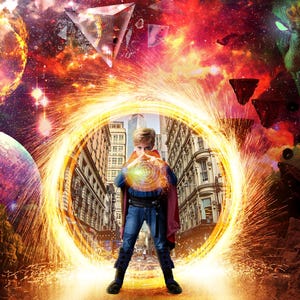 Puede incluir: Obra de arte digital que representa a una persona joven con un disfraz de superhéroe dentro de un portal brillante. El fondo incluye planetas, explosiones cósmicas y una cara verde amenazante. La imagen tiene un tema vibrante y de otro mundo.