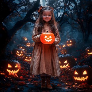 Può includere: Una giovane persona in un vestito beige tiene in mano una lanterna di zucca illuminata in una foresta oscura. Le zucche intagliate con facce luminose sono sparse sul terreno. L'immagine evoca un'atmosfera spettrale di Halloween, con alberi scuri.