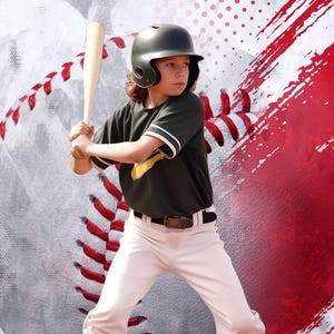 May include: A young baseball player in a dark green uniform with white trim, a black helmet, and a wooden bat. The player is wearing white trousers, black socks, and brown shoes, posed in front of a baseball graphic.