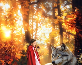 Herfst boswolf digitale achtergrond, Roodkapje fotografie (directe download)