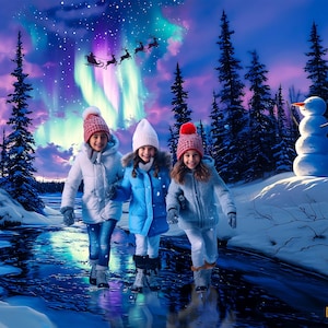 Polarlichter Fotohintergrund: Winter Aurora Borealis (Digitaler Download)