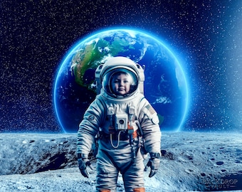 May include: A child wearing a white and orange astronaut suit with a clear helmet visor, standing on a gray cratered lunar surface. In the background, a large, glowing blue Earth is visible against a dark, star-filled space backdrop.