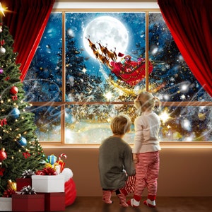 Santa Flying, Window Christmas Background Digital Background, Window, Winter, Backdrop, Christmas theme