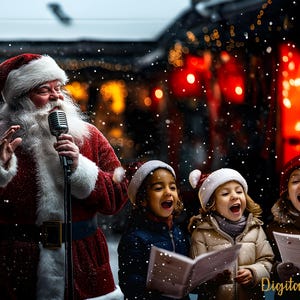 Può includere: Babbo Natale canta in un microfono con tre bambini che cantano canti natalizi. Babbo Natale indossa un abito e un cappello rossi con finiture bianche. I bambini indossano cappotti e cappelli invernali. Fiocchi di neve cadono.