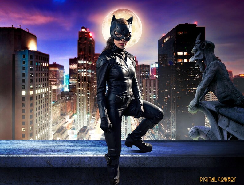 Gotham Rooftop Digital Background, Superhero Cityscape Digital Backdrop, Full Moon,Gargoyle, Cosplay, Composite, Photo Overlay for Kids