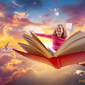 Flying Book Photography Backdrop: Storybook Sky Background (Digital Download)