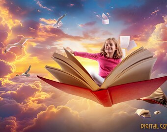 Flying Book-fotografieachtergrond: verhalenboekhemelachtergrond (digitale download)